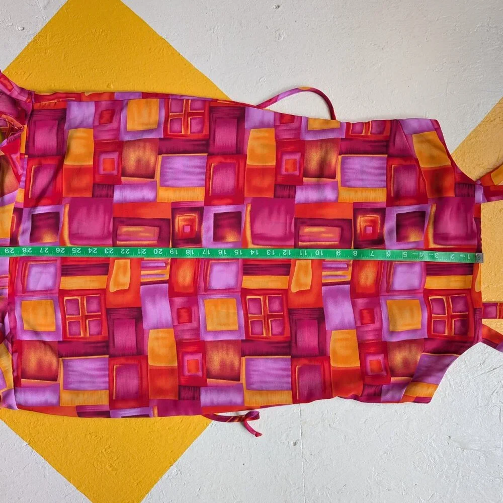 90s Vintage Tickets Mini Dress Windowpane Pink Orange Red Squares Tie Back - Picture 8 of 10